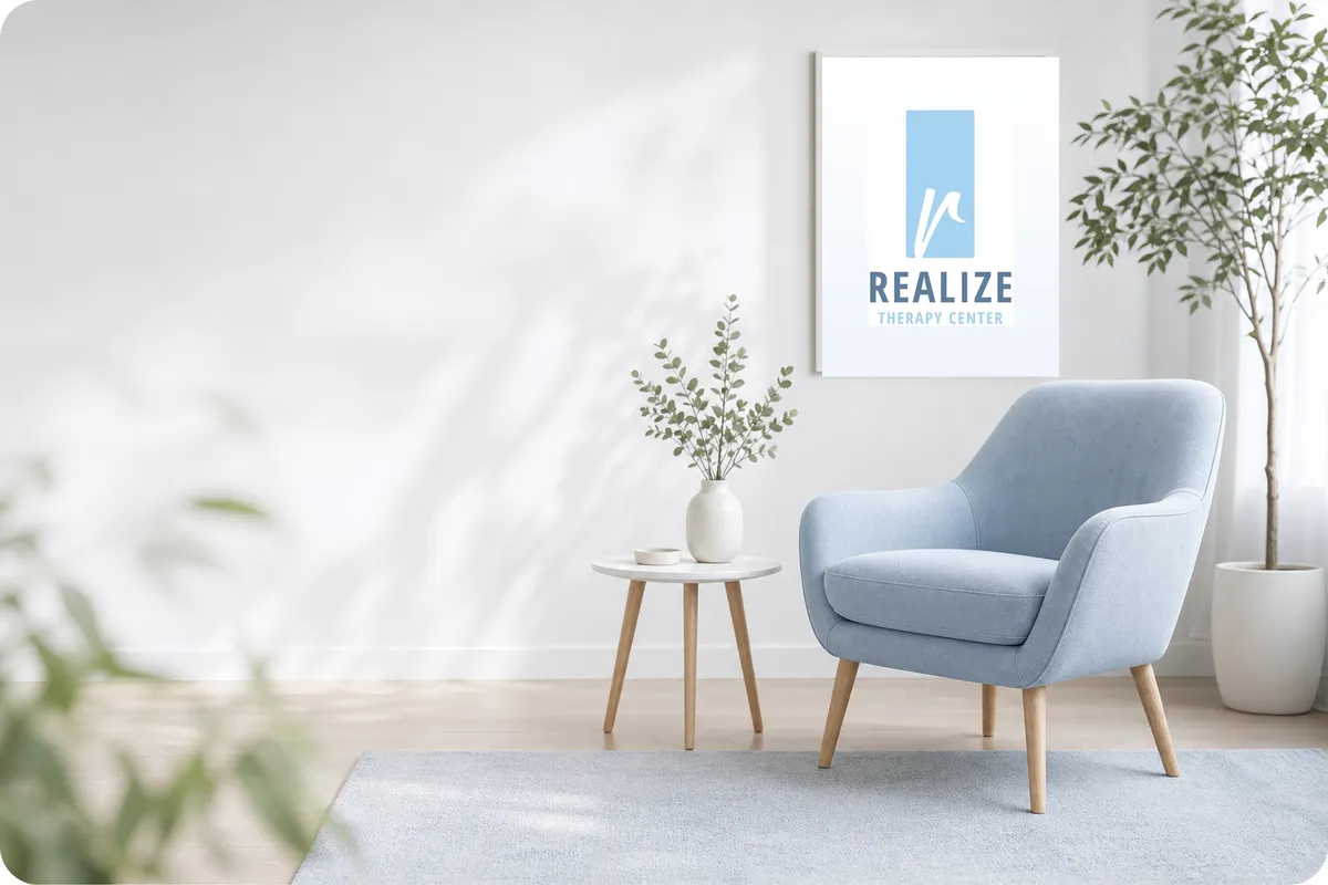 Calm therapy room with a blue chair, side table, plants, and the Realize Therapy Center logo framed on the wall